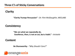 Three C’s of Sticky Conversations
Clarity
Consistency
Content
“Clarity Trumps Persuasion” - Dr. Flint McGlaughlin, MECLABS
“We are what we repeatedly do.
Excellence, then, is not an act, but a habit.” - Aristotle
Be Shareworthy - “Why Should I Care?”
 