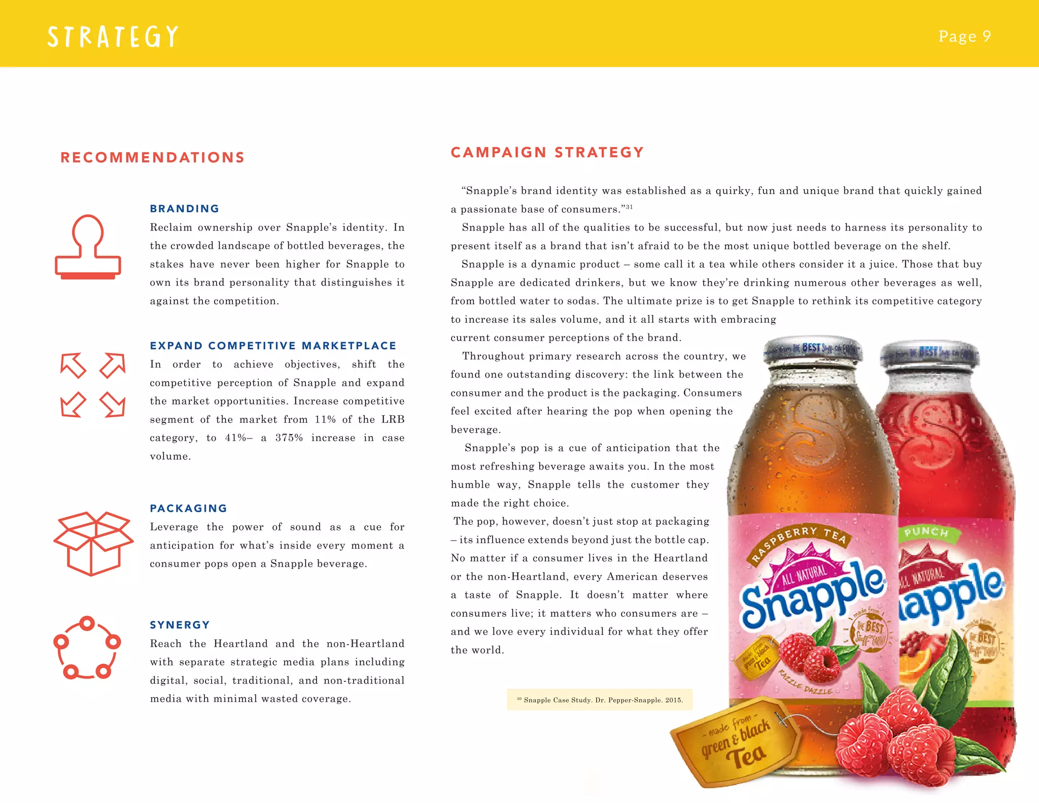Page 9
STRATEGY
EXPAND C OM P E TI TI VE M A R KETPLACE
In order to achieve objectives, shift the
competitive perception of Snapple and expand
the market opportunities. Increase competitive
segment of the market from 11% of the LRB
category, to 41%– a 375% increase in case
volume.
RECOMMENDATIONS CAMPAI G N STR ATEG Y
“Snapple’s brand identity was established as a quirky, fun and unique brand that quickly gained
a passionate base of consumers.”31
Snapple has all of the qualities to be successful, but now just needs to harness its personality to
present itself as a brand that isn’t afraid to be the most unique bottled beverage on the shelf.
Snapple is a dynamic product – some call it a tea while others consider it a juice. Those that buy
Snapple are dedicated drinkers, but we know they’re drinking numerous other beverages as well,
from bottled water to sodas. The ultimate prize is to get Snapple to rethink its competitive category
to increase its sales volume, and it all starts with embracing
current consumer perceptions of the brand.
Throughout primary research across the country, we
found one outstanding discovery: the link between the
consumer and the product is the packaging. Consumers
feel excited after hearing the pop when opening the
beverage.
Snapple’s pop is a cue of anticipation that the
most refreshing beverage awaits you. In the most
humble way, Snapple tells the customer they
made the right choice.
The pop, however, doesn’t just stop at packaging
– its influence extends beyond just the bottle cap.
No matter if a consumer lives in the Heartland
or the non-Heartland, every American deserves
a taste of Snapple. It doesn’t matter where
consumers live; it matters who consumers are –
and we love every individual for what they offer
the world.
PAC KA G I NG
Leverage the power of sound as a cue for
anticipation for what’s inside every moment a
consumer pops open a Snapple beverage.
SYNE RG Y
Reach the Heartland and the non-Heartland
with separate strategic media plans including
digital, social, traditional, and non-traditional
media with minimal wasted coverage.
BRANDI NG
Reclaim ownership over Snapple’s identity. In
the crowded landscape of bottled beverages, the
stakes have never been higher for Snapple to
own its brand personality that distinguishes it
against the competition.
30
Snapple Case Study. Dr. Pepper-Snapple. 2015.
 