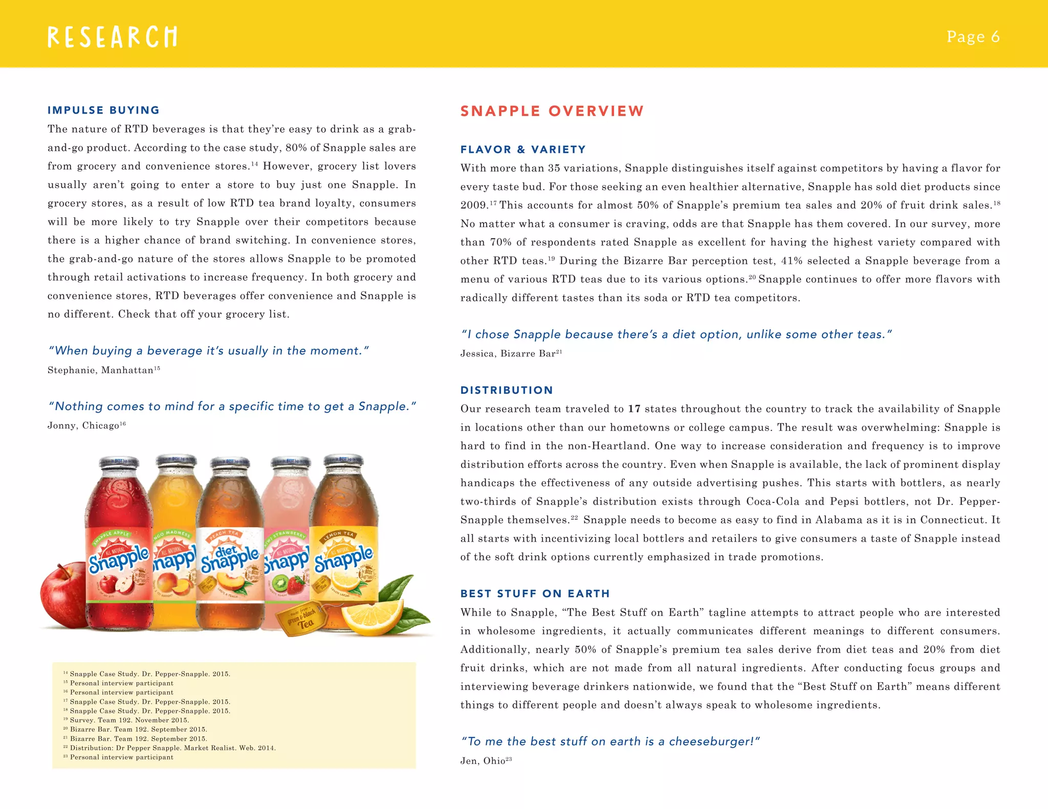 Page 6
RESEARCH
IMPULSE BUYING
The nature of RTD beverages is that they’re easy to drink as a grab-
and-go product. According to the case study, 80% of Snapple sales are
from grocery and convenience stores.14
However, grocery list lovers
usually aren’t going to enter a store to buy just one Snapple. In
grocery stores, as a result of low RTD tea brand loyalty, consumers
will be more likely to try Snapple over their competitors because
there is a higher chance of brand switching. In convenience stores,
the grab-and-go nature of the stores allows Snapple to be promoted
through retail activations to increase frequency. In both grocery and
convenience stores, RTD beverages offer convenience and Snapple is
no different. Check that off your grocery list.
	
“When buying a beverage it’s usually in the moment.”
Stephanie, Manhattan15
	
“Nothing comes to mind for a specific time to get a Snapple.”
Jonny, Chicago16
SN APPL E O VER V I EW
FLAVOR & VARIETY
With more than 35 variations, Snapple distinguishes itself against competitors by having a flavor for
every taste bud. For those seeking an even healthier alternative, Snapple has sold diet products since
2009.17
This accounts for almost 50% of Snapple’s premium tea sales and 20% of fruit drink sales.18
No matter what a consumer is craving, odds are that Snapple has them covered. In our survey, more
than 70% of respondents rated Snapple as excellent for having the highest variety compared with
other RTD teas.19
During the Bizarre Bar perception test, 41% selected a Snapple beverage from a
menu of various RTD teas due to its various options.20
Snapple continues to offer more flavors with
radically different tastes than its soda or RTD tea competitors.
“I chose Snapple because there’s a diet option, unlike some other teas.”
Jessica, Bizarre Bar21
DISTRIBUTION
Our research team traveled to 17 states throughout the country to track the availability of Snapple
in locations other than our hometowns or college campus. The result was overwhelming: Snapple is
hard to find in the non-Heartland. One way to increase consideration and frequency is to improve
distribution efforts across the country. Even when Snapple is available, the lack of prominent display
handicaps the effectiveness of any outside advertising pushes. This starts with bottlers, as nearly
two-thirds of Snapple’s distribution exists through Coca-Cola and Pepsi bottlers, not Dr. Pepper-
Snapple themselves.22
Snapple needs to become as easy to find in Alabama as it is in Connecticut. It
all starts with incentivizing local bottlers and retailers to give consumers a taste of Snapple instead
of the soft drink options currently emphasized in trade promotions.
BEST STUF F ON EARTH	
While to Snapple, “The Best Stuff on Earth” tagline attempts to attract people who are interested
in wholesome ingredients, it actually communicates different meanings to different consumers.
Additionally, nearly 50% of Snapple’s premium tea sales derive from diet teas and 20% from diet
fruit drinks, which are not made from all natural ingredients. After conducting focus groups and
interviewing beverage drinkers nationwide, we found that the “Best Stuff on Earth” means different
things to different people and doesn’t always speak to wholesome ingredients.
“To me the best stuff on earth is a cheeseburger!”
Jen, Ohio23
14
Snapple Case Study. Dr. Pepper-Snapple. 2015.
15
Personal interview participant
16
Personal interview participant
17
Snapple Case Study. Dr. Pepper-Snapple. 2015.
18
Snapple Case Study. Dr. Pepper-Snapple. 2015.
19
Survey. Team 192. November 2015.
20
Bizarre Bar. Team 192. September 2015.
21
Bizarre Bar. Team 192. September 2015.
22
Distribution: Dr Pepper Snapple. Market Realist. Web. 2014.
23
Personal interview participant
 