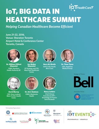 IoT, BIG DATA IN
HEALTHCARE SUMMIT
Helping Canadian Healthcare Become Efficient
June 21-22, 2016.
Venue: Sheraton Toronto
Airport Hotel & Conference Center
Toronto, Canada
David Murray
CEO, Sioux Lookout
Meno Ya Win Health
Center
Nancy Lefebre
Chief Clinical
Executive & SVP –
Knowledge & Practice
Saint Elizabeth
Dr. Aviv Gladman
CMIO, Mackenzie
Health
Dr. William Clifford
(Keynote)
CMIO, Northern
Health Authority BC
Jan Walker
(Keynote)
VP Strategy and CIO,
West Park Healthcare
Center
Dr. Thom Tyson
CEO, Appletree
Medical Group
Barry M. Rivelis
SVP & CIO, Pacific
Blue Cross
Participating Organizations
info@iotevents.ca • iotevents.ca
Strategic IoT Partner
Association Partner
 