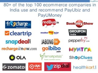 80+ of the top 100 ecommerce companies in
India use and recommend PayUbiz and
PayUMoney
 