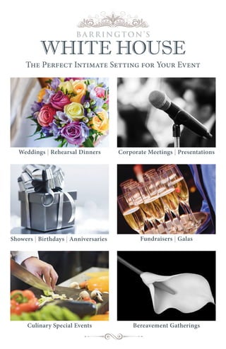 The Perfect Intimate Setting for Your Event
Showers | Birthdays | Anniversaries
Corporate Meetings | PresentationsWeddings | Rehearsal Dinners
Bereavement GatheringsCulinary Special Events
Fundraisers | Galas
 
