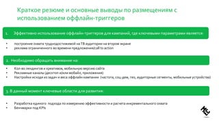 Краткое резюме и основные выводы по размещениям с
использованием оффлайн-триггеров
• построение охвата труднодостижимой наТВ аудитории на втором экране
• реклама ограниченного во времени предложения/сall to action
• Кол-во лендингов и креативов, мобильную версию сайта
• Рекламные каналы (десктоп и/или мобайл, приложения)
• Настройки исходя из задач и веса оффлайн кампании (частота, соц-дем, гео, аудиторные сегменты, мобильные устройства)
• Разработка единого подхода по измерению эффективности и расчета инкрементального охвата
• Бенчмарки под KPIs
1. Эффективно использование оффлайн-триггеров для кампаний, где ключевыми параметрами является:
2. Необходимо обращать внимание на:
3. В данный момент ключевые области для развития:
 