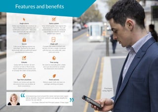 Features and benefits
Green process
Reduce paper trails and save on
postage, printing and paper.
Sign from anywhere
Clients can review and sign the
documents from any location at
their convenience.
Single source
Order your Section 32, Contract of
Sale of Real Estate, searches and
certificates in just a few clicks and
then electronically sign all in our
online platform.
Status update
View which parties have signed the
Statement and Contract. You will
automatically receive an electronic
copy of the documents once all
parties have signed.
Secure
Fully secure signing process via
DocuSign. Tracked by the latest
technology with an audit trail report
provided post transaction.
Single .pdf
Compile the entire Contract and
Section 32 into a single combined
.pdf that you can easily edit, save,
print and email.
.pdf
Time saving
No need to manually print, collate
and scan documents to compile
the Statement and Contract.
Editable
Easily edit the Section 32 and
Contract of Sale of Real Estate,
import additional documents and
re-arrange the order of documents.
Purchaser
using SignIT.
eConveyancing is just around the corner and very soon, paper
will be obsolete. Electronic contracts and signing simplify the
process for one and all.
- Liz Chase, Director and Principal Lawyer, Chase Legal
 