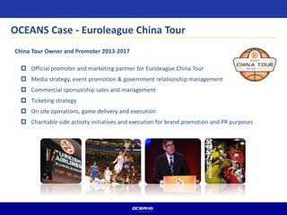  Official promoter and marketing partner for Euroleague China Tour
 Media strategy, event promotion & government relationship management
 Commercial sponsorship sales and management
 Ticketing strategy
 On site operations, game delivery and execution
 Charitable side activity initiatives and execution for brand promotion and PR purposes
China Tour Owner and Promoter 2013-2017
OCEANS Case - Euroleague China Tour
 