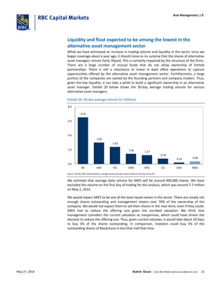 Liquidity and float expected to be among the lowest in the
alternative asset management sector
While we have witnessed an increase in trading volume and liquidity in the sector since we
began coverage about a year ago, it should come as no surprise that the shares of alternative
asset managers remain fairly illiquid. This is certainly impacted by the structure of the firms.
There are a large number of mutual funds that do not allow ownership of limited
partnerships. There is still a reluctance to invest in back office operations to capture
opportunities offered by the alternative asset management sector. Furhthermore, a large
portion of the companies are owned by the founding partners and company insiders. Thus,
given the low liquidity, it can take a while to build a significant ownership in an alternative
asset manager. Exhibit 20 below shows the 30-day average trading volume for various
alternative asset managers.
Exhibit 20: 30-day average volume (in millions)
6.55
3.03
2.42
1.46 1.27
0.78
0.24 0.40
0.0
2.0
4.0
6.0
8.0
BX KKR FIG OZM APO CG OAK ARES
Source: FactSet; RBC Capital Markets; average volume excludes shares traded on the day of the IPO
We estimate that average daily volume for ARES will be around 400,000 shares. We have
excluded the volume on the first day of trading for the analysis, which was around 7.7 million
on May 2, 2014.
We would expect ARES to be one of the least liquid names in the sector. There are simply not
enough shares outstanding and management retains over 70% of the ownership of the
company. We would not expect them to sell their shares in the near term, even if they could.
ARES had to reduce the offering size given the ascribed valuation. We think that
management considers the current valuation as inexpensive, which could have driven the
decision to reduce the offering size. Thus, given current volumes, it would take about 10 days
to buy 5% of the shares outstanding. In comparison, investors could buy 5% of the
outstanding shares of Blackstone in less than half that time.
Ares Management, L.P.
May 27, 2014 Bulent Ozcan (212) 863-4818; bulent.ozcan@rbccm.com 21
 
