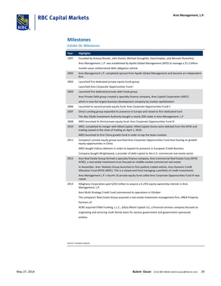 Milestones
Exhibit 26: Milestones
Year Highlights
1997 Founded by Antony Ressler, John Kissick, Michael Arougheti, David Kaplan, and Bennett Rosenthal,
Ares Management, L.P. was established by Apollo Global Management (APO) to manage a $1.2 billion
market value collateralized debt obligation vehicle
2002 Ares Management L.P. completed spinout from Apollo Global Management and became an independent
firm
2003 Launched first dedicated private equity funds group
Launched Ares Corporate Opportunities Fund I
2004 Launched first dedicated private debt funds group
Ares Private Debt group created a specialty finance company, Ares Capital Corporation (ARCC)
which is now the largest business development company by market capitalization
2006 Launched its second private equity fund: Ares Corporate Opportunities Fund II
2007 Direct Lending group expanded its presence in Europe and raised its first dedicated fund
The Abu Dhabi Investment Authority bought a nearly 20% stake in Ares Management, L.P.
2008 ARES launched its third private equity fund: Ares Corporate Opportunities Fund III
2010 ARCC completed its merger with Allied Capital. Allied Capital shares were delisted from the NYSE and
trading ceased at the close of trading on April 1, 2010.
ARES launched its first China growth fund in order to tap the Asian markets
2011 Company’s private equity group launched Ares Corporate Opportunities Fund Asia fousing on growth
equity opportunities in China
ARES bought Indicus Advisors in order to expand its presence in European Credit Business
Company bought Wrightwood, a provider of debt capital to the U.S. commercial real estate sector
2012 Ares Real Estate Group formed a specialty finance company, Ares Commercial Real Estate Corp (NYSE:
ACRE), a real estate investment trust focused on middle-market commercial real estate
In November, Ares' Markets Group launched its first publicly traded vehicle, Ares Dynamic Credit
Allocation Fund (NYSE:ARDC). This is a closed-end fund managing a portfolio of credit investments
Ares Management L.P.'s fourth US private equity fund called Ares Corporate Opportunities Fund IV was
raised
2013 Alleghany Corporation paid $250 million to acquire a 6.25% equity ownership interest in Ares
Management, L.P.
Ares Multi-Strategy Credit Fund commenced its operations in October
The company's Real Estate Group acquired a real estate investment management firm, AREA Property
Partners LP
ACRE acquired EF&A Funding, L.L.C., d/b/a Alliant Capital LLC, a financial services company focused on
originating and servicing multi-family loans for various government and government-sponsored
entities
Source: Company reports
Ares Management, L.P.
May 27, 2014 Bulent Ozcan (212) 863-4818; bulent.ozcan@rbccm.com 29
 
