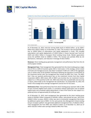 Exhibit 31: Ares Direct Lending Group AUM and Fee Earning AUM ($ in billion)
14.4
16.7
22.5
10.7
13.6
15.5
19.6
27.5
0.0
5.0
10.0
15.0
20.0
25.0
30.0
2010 2011 2012 2013
AUM Fee Earning AUM
Source: Company reports
As of December 31, 2013, total fee earning AUM stood at US$19.6 billion, up by US$4.1
billion from US$15.5 billion as of December 31, 2012. The increase in fee-earning AUM was
due to US$4.0 billion of subscriptions and capital deployment in funds. This included
subscriptions and capital deployments of US$2.0 billion in Senior Secured Loan Fund LLC
(SSLP) and US$1.2 billion in European Direct Lending Group funds. Market appreciation
across the portfolio stood at US$841.1 million. The increase was partially offset by net
distributions, redemption, and reduction in leverage of US$1.9 billion.
Revenues: Direct lending group generates management and performance fees from the US
and European markets.
Management Fees: Total management fees generated from the direct lending group ranges
from 0.75% to 2.00% of invested capital, NAV or total assets. In this strategy, certain closed
end funds and managed accounts step down to between 0.50% and 1.50% of the aggregate
cost or market value of the portfolio investments following the expiration or termination of
the investment period. Also, the management fees include the ARCC Part I Fees. The ARCC
Part I Fees are quarterly performance fees on the investment income from Ares Capital
Corporation (ARCC). ARES retains 20% of ARCC’s pre-incentive fee net investment income,
subject to a 1.75% quarterly hurdle rate. ARES views these fees as predictable and recurring
in nature, which leads to the management fee classification. As of December 31, 2013, the
funds in the strategy had an average management contract term of 10.2 years.
Performance Fees: Total performance fees from direct lending group represent 10% to 20%
of each incentive eligible fund's profits, or cumulative realized capital gains (net of realized
capital losses and unrealized capital depreciation). A few of the funds are also subject to a
preferred return of approximately 5% to 8% per year.
As of December 31, 2013, total management fees generated by the direct lending group
stood at US$238.4 million compared to US$190.1 million, same period last year. Out of the
US$48.3 million increase, US$33.1 million was due to incremental management fees driven
by additional capital raises of ARCC. For the same period, Ares Management’s Direct Lending
Group’s European platform also generated additional management fees of US$14.9 million.
Total management fee from ARCC was US$215.4 million as of December 31, 2013 out of
which US$110.5 million were earnings related to ARCC Part I Fees.
Ares Management, L.P.
May 27, 2014 Bulent Ozcan (212) 863-4818; bulent.ozcan@rbccm.com 34
 