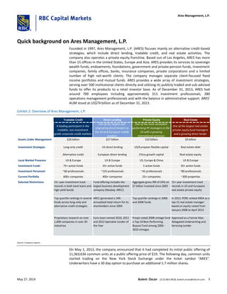 Quick background on Ares Management, L.P.
Founded in 1997, Ares Management, L.P. (ARES) focuses mainly on alternative credit-based
strategies, which include direct lending, tradable credit, and real estate activities. The
company also operates a private equity franchise. Based out of Los Angeles, ARES has more
than 15 offices in the United States, Europe and Asia. ARES provides its services to sovereign
wealth funds, endowments, foundations, government and private pension funds, investment
companies, family offices, banks, insurance companies, private corporations and a limited
number of high net-worth clients. The company manages separate client-focused fixed
income portfolios and mutual funds. ARES provides a wide array of investment strategies,
serving over 500 institutional clients directly and utilizing its publicly traded and sub-advised
funds to offer its products to a retail investor base. As of December 31, 2013, ARES had
around 700 employees including approximately 315 investment professionals, 280
operations management professionals and with the balance in administrative support. ARES’
AUM stood at US$74 billion as of December 31, 2013.
Exhibit 2: Overview of Ares Management, L.P.
Source: Company reports
On May 1, 2013, the company announced that it had completed its initial public offering of
11,363,636 common units at a public offering price of $19. The following day, common units
started trading on the New York Stock Exchange under the ticker symbol “ARES”.
Underwriters have a 30 day option to purchase an additional 1.7 million shares.
Tradable Credit Direct Lending Private Equity Real Estate
A leading participant in the
tradable, non-investment
grade corporate credit markets
One of the largest self-
originating direct lenders to
the US and European middle
markets
One of the most consistent
performing PE managers in the
US with a growing
international presence
One of the largest real estate
private equity fund managers
and a growing direct lender
Assets Under Management $28 billion $27 billion $10 billion $9 billion
Long-only credit US direct lending US/European flexible capital Real estate debt
Alternative credit European direct lending China growth capital Real estate equity
Local Market Presence US & Europe US & Europe US, Europe & China US & Europe
Investment Funds 75+ active funds 25+ active funds 5 active funds 35+ active funds
Investment Personnel ~60 professionals ~125 professionals ~45 professionals ~80 professionals
Current Portfolio 600+ companies 400+ companies 25+ companies ~300 properties
15+ year investment track
records in both bank loans and
high yield bonds
Fund offering includes the
largest business development
company (Nasdaq: ARCC)
Aggregate gross IRR of 24% on
$7 billion invested since 2003
15+ year investment track
records in US and European
real estate private equity
Top quartile rankings in several
funds across long-only and
alternative credit strategies
ARCC generated a 14%
annualized total return for its
shareholders since 2004
Top quartile rankings in 2006
and 2008 funds
In 2013, PERE ranked AREA as a
top 15 real estate manager
based on equity raised from
January 2008 to April 2013
Proprietary research on over
1,000 companies in over 30
industries
Euro team named 2010, 2011
and 2012 Specialist Lender of
the Year
Preqin voted 2008 vintage fund
a Top 10 Best Performing
Buyout Fund among 2006 -
2010 vintages
Approved as a Fannie Mae
Delegated Underwriting and
Servicing Lender
Investment Strategies
Selected Distinctions
Ares Management, L.P.
May 27, 2014 Bulent Ozcan (212) 863-4818; bulent.ozcan@rbccm.com 5
 