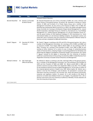 Name Age Title Background
Graduate School of Business.
Bennett Rosenthal 50 Director, Co-Founder
& Senior Partner
Mr. Bennett Rosenthal was one of the co-founders of ARES. He is also a Director and
Senior Partner of the general partner. At present, Mr. Rosenthal is serving as a Senior
Partner of ARES and Co-Head of its Private Equity Group and a member of the
Management Committee. He also serves as the Chairman of ARCC. Prior to ARES, Mr.
Rosenthal was working with Merrill Lynch & Co as a MD in the Global Leveraged Finance
Group. Currently, he is serving on the Boards of Aspen Dental Management Inc., Jacuzzi
Brands Corporation, AmeriQual Group LLC, Nortek Inc, City Ventures LLC, True Holdings
Management LLC, Unified Physician Management LLC and Ob Hospitalist Group Inc.,
and the parent entities of CHG Healthcare Holdings LP, CPG International Inc., Serta
International Holdco LLC and Simmons Bedding Company. He graduated summa cum
laude with a BS in Economics from the University of Pennsylvania's Wharton School of
Business and later completed his MBA with distinction.
Daniel F. Nguyen 43 Executive VP, CFO &
Treasurer
Mr. Daniel F. Nguyen is working as the EVP and CFO of the general partner. He is also a
member of the Management Committee. He is serving as CFO of ARDC and ARMF and
as Treasurer of ACRE. From August 2004 to March 2007, he was working as CFO at
ARCC. Currently, he is serving as Vice President at ARCC. From 1996 to 2000, he was
working at Arthur Andersen LLP as where he was in-charge of conducting business
audits on financial clients, analyzing changes in accounting guidelines for derivatives and
performing due diligence investigation of potential mergers and acquisitions. Mr. Daniel
F. Nguyen received his BA degree in Accounting from the University of Southern
California's Leventhal School of Accounting. He attained an MBA in Global Business from
Pepperdine University's Graziadio School of Business and Management.
Michael D. Weiner 61 EVP, Chief Legal
Officer & Secretary
Mr. Michael D. Weiner is working as the EVP, chief legal officer of the general partner.
He is a member of the Management Committee. He is also working as Vice President of
ACRE and Vice President of ARDC and ARMF. Mr. Weiner joined ARES in 2006 and
worked as General Counsel at ARCC from September 2006 to July 2011. Prior to ARES,
he was working as General Counsel to Apollo Management LP. He has been an officer of
the corporate general partner of Apollo since 1992. Before Apollo, Mr. Weiner was a
partner in the law firm of Morgan, Lewis & Bockius. He specialized in corporate and
alternative financing transactions and securities law, along with general partnership,
corporate and regulatory matters. At present, he is also serving on the Board of
Governors of Cedars-Sinai Medical Center in Los Angeles. He graduated from a BS in
Business and Finance from the University of California at Berkeley. He also attained a JD
from the University of Santa Clara.
Source: Company reports
Ares Management, L.P.
May 27, 2014 Bulent Ozcan (212) 863-4818; bulent.ozcan@rbccm.com 50
 