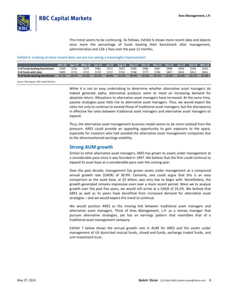 This trend seems to be continuing. As follows, Exhibit 6 shows more recent data and depicts
once more the percentage of funds beating their benchmark after management,
administrative and 12b-1 fees over the past 12 months.
Exhibit 6: Looking at more recent data, we are not seeing a meaningful improvement
Mar-13 Apr-13 May-13 Jun-13 Jul-13 Aug-13 Sep-13 Oct-13 Nov-13 Dec-13 Jan-14 Feb-14 Mar-14
# of funds beating benchmark 2348 2236 2379 2481 2572 2433 2590 2460 2467 2498 2430 2504 2432
# of funds with data 5699 5713 5723 5733 5737 5754 5768 5777 5784 5807 5810 5813 5816
% of funds beating benchmark 41.2% 39.1% 41.6% 43.3% 44.8% 42.3% 44.9% 42.6% 42.7% 43.0% 41.8% 43.1% 41.8%
Source: Morningstar; RBC Capital Markets
While it is not an easy undertaking to determine whether alternative asset managers do
indeed generate alpha, alternative products seem to meet an increasing demand for
absolute return. Allocations to alternative asset managers have increased. At the same time,
passive strategies pose little risk to alternative asset managers. Thus, we would expect fee
rates not only to continue to exceed those of traditional asset managers, but the discrepancy
in effective fee rates between traditional asset managers and alternative asset managers to
expand.
Thus, the alternative asset management business model seems to be more isolated from fee
pressure. ARES could provide an appealing opportunity to gain exposure to the space,
especially for investors who had avoided the alternative asset management companies due
to the aforementioned earnings volatility.
Strong AUM growth
Similar to other alternative asset managers, ARES has grown its assets under management at
a considerable pace since it was founded in 1997. We believe that the firm could continue to
expand its asset base at a considerable pace over the coming year.
Over the past decade, management has grown assets under management at a compound
annual growth rate (CAGR) of 30.9%. Certainly, one could argue that this is an easy
comparison as the asset base, at $5 billion, was very low to begin with. Nonetheless, the
growth generated remains impressive even over a more recent period. Were we to analyze
growth over the past five years, we would still arrive at a CAGR of 24.2%. We believe that
ARES as well as its peers have benefited from increased demand for alternative asset
strategies – and we would expect this trend to continue.
We would position ARES as the missing link between traditional asset managers and
alternative asset managers. Think of Ares Management, L.P. as a money manager that
pursues alternative strategies, yet has an earnings pattern that resembles that of a
traditional asset management company.
Exhibit 7 below shows the annual growth rate in AUM for ARES and the assets under
management of US domiciled mutual funds, closed end funds, exchange traded funds, and
unit investment trust.
Ares Management, L.P.
May 27, 2014 Bulent Ozcan (212) 863-4818; bulent.ozcan@rbccm.com 8
 