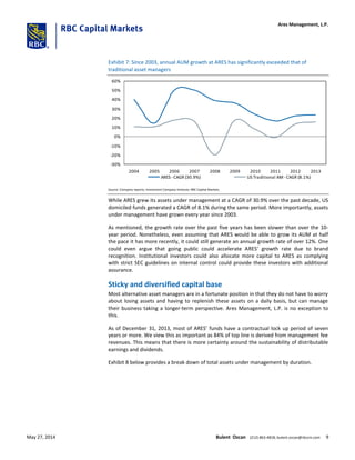 Exhibit 7: Since 2003, annual AUM growth at ARES has significantly exceeded that of
traditional asset managers
-30%
-20%
-10%
0%
10%
20%
30%
40%
50%
60%
2004 2005 2006 2007 2008 2009 2010 2011 2012 2013
ARES -CAGR (30.9%) US Traditional AM-CAGR (8.1%)
Source: Company reports; Investment Company Institute; RBC Capital Markets
While ARES grew its assets under management at a CAGR of 30.9% over the past decade, US
domiciled funds generated a CAGR of 8.1% during the same period. More importantly, assets
under management have grown every year since 2003.
As mentioned, the growth rate over the past five years has been slower than over the 10-
year period. Nonetheless, even assuming that ARES would be able to grow its AUM at half
the pace it has more recently, it could still generate an annual growth rate of over 12%. One
could even argue that going public could accelerate ARES’ growth rate due to brand
recognition. Institutional investors could also allocate more capital to ARES as complying
with strict SEC guidelines on internal control could provide these investors with additional
assurance.
Sticky and diversified capital base
Most alternative asset managers are in a fortunate position in that they do not have to worry
about losing assets and having to replenish these assets on a daily basis, but can manage
their business taking a longer-term perspective. Ares Management, L.P. is no exception to
this.
As of December 31, 2013, most of ARES’ funds have a contractual lock up period of seven
years or more. We view this as important as 84% of top line is derived from management fee
revenues. This means that there is more certainty around the sustainability of distributable
earnings and dividends.
Exhibit 8 below provides a break down of total assets under management by duration.
Ares Management, L.P.
May 27, 2014 Bulent Ozcan (212) 863-4818; bulent.ozcan@rbccm.com 9
 