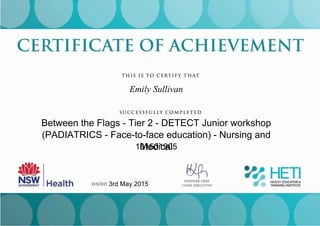 Emily Sullivan
Between the Flags - Tier 2 - DETECT Junior workshop
(PADIATRICS - Face-to-face education) - Nursing and
Medical101501905
3rd May 2015
 