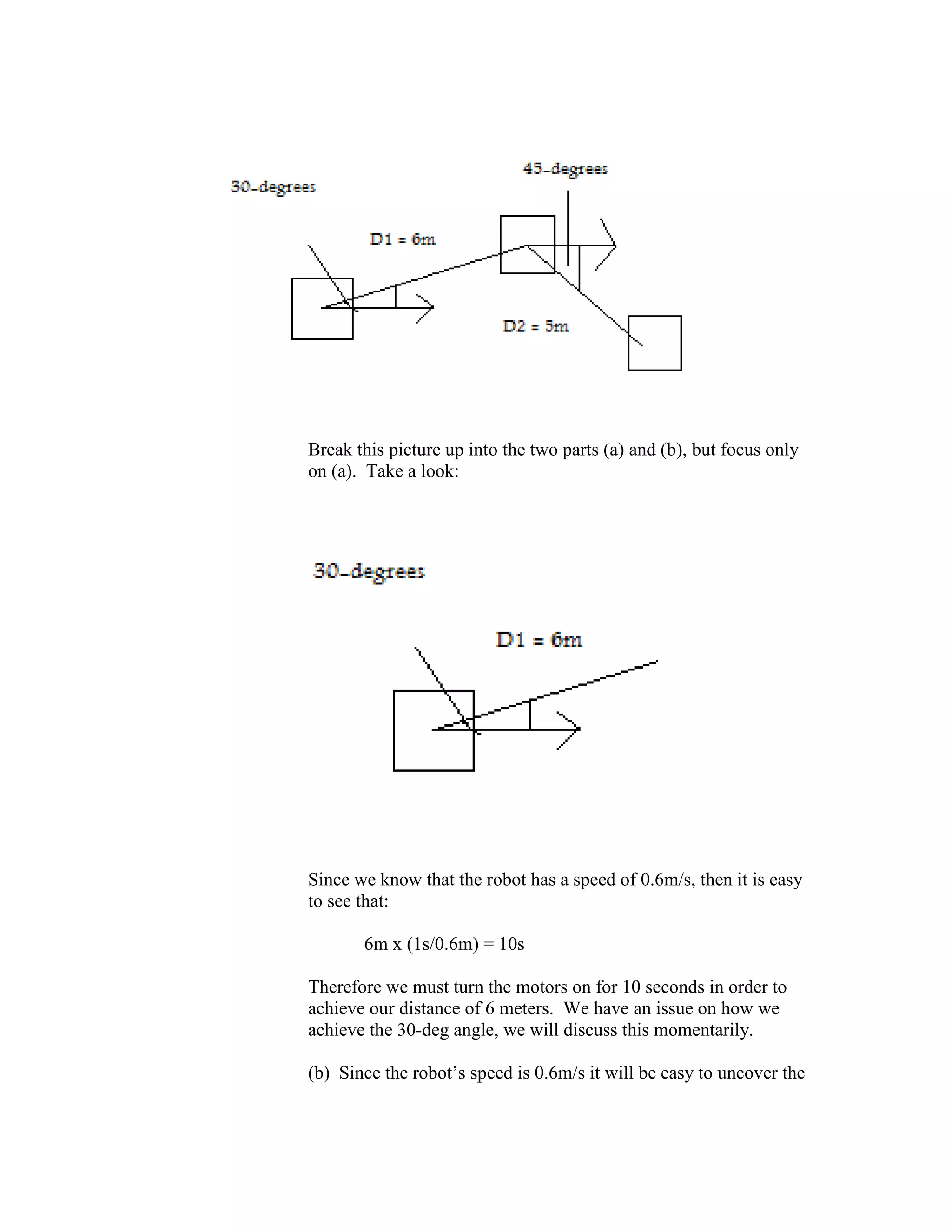 Break this picture up into the two parts (a) and (b), but focus only
on (a). Take a look:
Since we know that the robot has a speed of 0.6m/s, then it is easy
to see that:
6m x (1s/0.6m) = 10s
Therefore we must turn the motors on for 10 seconds in order to
achieve our distance of 6 meters. We have an issue on how we
achieve the 30-deg angle, we will discuss this momentarily.
(b) Since the robot’s speed is 0.6m/s it will be easy to uncover the
 