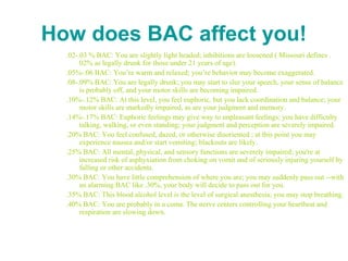 How does BAC affect you!
.02-.03 % BAC: You are slightly light headed; inhibitions are loosened ( Missouri defines .
02% as legally drunk for those under 21 years of age).
.05%-.06 BAC: You’re warm and relaxed; you’re behavior may become exaggerated.
.08-.09% BAC: You are legally drunk; you may start to slur your speech, your sense of balance
is probably off, and your motor skills are becoming impaired.
.10%-.12% BAC: At this level, you feel euphoric, but you lack coordination and balance; your
motor skills are markedly impaired, as are your judgment and memory.
.14%-.17% BAC: Euphoric feelings may give way to unpleasant feelings; you have difficulty
talking, walking, or even standing; your judgment and perception are severely impaired.
.20% BAC: You feel confused, dazed, or otherwise disoriented ; at this point you may
experience nausea and/or start vomiting; blackouts are likely.
.25% BAC: All mental, physical, and sensory functions are severely impaired; you're at
increased risk of asphyxiation from choking on vomit and of seriously injuring yourself by
falling or other accidents.
.30% BAC: You have little comprehension of where you are; you may suddenly pass out --with
an alarming BAC like .30%, your body will decide to pass out for you.
.35% BAC: This blood alcohol level is the level of surgical anesthesia; you may stop breathing.
.40% BAC: You are probably in a coma. The nerve centers controlling your heartbeat and
respiration are slowing down.
 