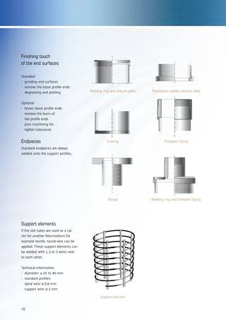 Finishing touch
of the end surfaces
Standard
- 	grinding end surfaces
- 	remove the loose profile ends
- 	degreasing and pickling
Optional
-	 fasten loose profile ends
-	 remove the burrs of
the profile ends
-	 post machining for
tighter tolerances
Endpieces
Standard endpieces are always
welded onto the support profiles.
Threaded fitting
Flange Welding ring and threaded fitting
Welding ring and closure plate
Endring
Resistance welded closure plate
Support elements
If the slot tubes are used as a car-
rier for another filtermedium for
example textile, round wire can be
applied. These support elements can
be welded with 1, 2 or 3 wires next
to each other.
Technical information
-	 diameter: ± 25 to 40 mm
-	 standard profiles:
spiral wire: ø 0.8 mm
	 support wire: ø 2 mm
Support element
10
 