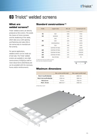 Standard constructions (1)
(1)	Special executions are possible on request
(2)	In most cases, all pitches are possible
What are
welded screens?
Trislot®
welded screens are directly
produced as flat screens. This avoids
the chance of stress corrosion
and the weakening of the welds,
which does occur with opening
and flattening slot tubes (this is
the normal way to manufacture
flat screens).
For special applications,
welded screens can be made out
of slot tube. The Trislot®
welded
screens are available in very light
constructions (11S/Q25) as well as
more robust forms (50S/50x3) and
can be provided with the necessary
frame and/or reinforcements.
03 Trislot®
welded screens
Max. surface profile length Max. support profile length
Pitch 17 mm/Profile Q25 810 mm 2000 mm
Pitch 17-25 mm/Profile Q35 2700 mm 3000 mm
Pitch 22 mm 710 mm 1700 mm
Pitch ≥ 70 mm 3000 mm (3)
3500 mm
Profile Support wires Min. slot Standard pitch (P)
in mm in mm(2)
11S Q25 0.03 17/22
12S Q25/Q35 0.03 17/22
10x3 0.1 17/25
18S Q35 0.05 17/25
Q35/10x3/25x3 0.1 25/70
22S Q35 0.05 17/25
Q35/10x3 till 50x3 0.12 25/70
28S Q35/10x3 till 50x3 0.15 17/25/70
34S Q35/10x3 till 50x3 0.15 17/25/70
42S Q35/10x3 till 50x3 0.15 17/25/70
50S 10x3 till 50x3 0.15 70
(3)	Depending on pitch
Maximum dimensions
11
 