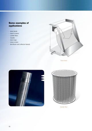 Some examples of
applications
-	 sieve bends
-	 starch screens
-	 candle filters
-	nozzles
-	 resin traps
-	 rotary screen
-	 distributor and collector laterals
Candle filter
Sieve bend
Detail of filter candle
16
 
