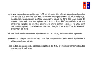 Uma vez colocados os splitters de 1:32 no primeiro dia, vão-se fazendo as ligações
das saídas dos mesmos aos PDO’s dos edifícios que tiverem pedidos de ligação
de clientes. Quando num edifício se chegar a cerca de 50% das UA’s totais do
mesmo, será colocado um splitter de 1:4 ou 1:8 no PDO do edifício e vão-se
atribuindo ligações de cliente a partir deste último splitter colocado. No SRO será
colocado o splitter complementar cuja combinação com o do PDO dará o racio
de divisão de 1:32.
No SRO irão sendo colocados splitters de 1:32 ou 1:4(8) de acordo com a procura.
Tentar-se-á sempre utilizar o SRO de 288 acopladores para assim optimizar a
utilização dos armários.
Para todos os casos serão colocados splitters de 1:32 e 1:4(8) previamente ligados
nas duas extremidades.
 