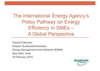 Patrick  Crittenden
Director,  Sustainable  Business  
Energy  Management  Action  NetworK  (EMAK)
New  Delhi,  India
25  February,  2015
The  International  Energy  Agency’s  
Policy  Pathway  on  Energy  
Efficiency  in  SMEs  –
A  Global  Perspective
 