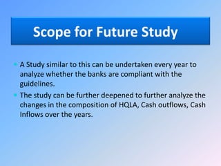 Scope for Future Study
 A Study similar to this can be undertaken every year to
analyze whether the banks are compliant with the
guidelines.
 The study can be further deepened to further analyze the
changes in the composition of HQLA, Cash outflows, Cash
Inflows over the years.
 