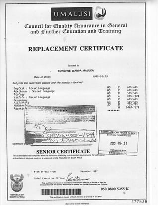 Bongiwe Wanda Ngobese Matric Certificate
