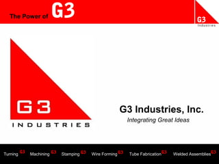G3INDUSTRIES
Wire Maid Manufacturing
RoBand Corporation
G3I N D U S T R I E S
G3 G3
I n d u s t r ie s
The Power of
Turning Machining Stamping Wire Forming Tube Fabrication Welded Assemblies
G3 G3 G3 G3 G3 G3
G3 Industries, Inc.
Integrating Great Ideas
 