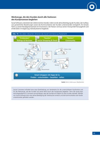 43
Werkzeuge, die den Kunden durch alle Stationen
des Kaufprozesses begleiten
Social Software unterstützt den elektronischen Handel, indem sie die aktive Beteiligung der Kunden, den Aufbau
von persönlichen Beziehungen sowie die Kommunikation der Kunden untereinander ermöglicht. Ihr Einsatz
führt zu einem Paradigmenwechsel im E-Commerce. Der Nutzer wird aus seiner Anonymität herausgeholt und
erhält dafür im Gegenzug individualisierte Angebote.
Abb. 14: Die sieben relevanten Aktionen des Social Commerce aus Nutzersicht
Quelle: Mind in Anlehnung an Toby Beresford
Social Commerce erfordert eine neue Denkhaltung, ein Verständnis für die unverrückbaren Kaufmotive und
für die Werkzeuge, die den Kunden auf seiner Reise durch den Kaufprozess begleiten. Denn der heute eher
technikgetriebene E-Commerce vernachlässigt, dass der Kaufakt ein Erlebnis für den Kunden darstellt. Mithilfe
von Social Software kann eine aktive Beteiligung der Verbraucher erreicht und die Kommunikation der Käufer
untereinander gefördert werden.
!"#$%&'(&#)*
+,-#./*0*+&12&3/*
!4,56&#)*
78'2,9*7:8;;2#.*0*<&,9/*
!=5$>&#)*
?8@@5#2$A*
7@,B$*/:8;;&#*@2$*C;;/*0*?8D*
E2#%&#*F*&#$/':&2%&#*F*G&>,:9&#*H*$&29&#*
I
78'2,9*7:8;;2#.*0*<&,9/*
J K
L
!"#$%&'('
)*+'
,-.&'/-.0'
1-2'
1$3*4')*+'
567-."' 8"%399":6'
!&#$"';'/-<"'
8"7-"='
>?@399"$%"',"A'!-0"'
B'
5'C'
)'??'
DD??
E?DD?D?DD
???DD?'
 
