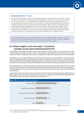 79
Fallbeispiel (Lithium):132
Nissan
Der Automobilhersteller Nissan versucht, den Teufelskreis negativer Kunden-Erlebnisse zu unterbrechen, indem er
ein Projekt- und Kundenforum zur Beurteilung von Verkaufsberatern aufgesetzt hat. Aktiv werden kann hier aber
nicht nur die Zielgruppe – auch der Verkaufsberater hat die Chance, bereits im Vorfeld eines persönlichen Ge-
sprächs Kontakt zum Kunden aufzunehmen. So personifiziert sich das Kunde-Händler-Erlebnis und wird auf eine
kundenfreundlichere, authentische und transparente Ebene gehoben. Nissan selbst hat auf diese Weise Einfluss
auf die Verkaufsprozesse zurückgewinnen können, den die autarken Händler zuvor exklusiv besaßen. Kunden
haben außerdem die Möglichkeit, sich im Forum nicht nur vor dem Kauf, sondern auch danach über Modelle,
Konfigurationen, Best Practices und anderes austauschen. Der Markenhersteller wiederum bietet seiner Zielgrup-
pe während des gesamten Kunden-Lebenszyklus besondere Dienstleistungen mit Erlebnis-Charakter.
Die Kundenbindung gehört zu den wichtigsten Aspekten einer Social Media-Strategie. Somit stehen die Themen
Community-Aufbau und -Management oben auf der Agenda. In erster Linie geht es darum, authentische
Dialoge zu führen, Transparenz zu zeigen und auf die Kunden und Nutzer einzugehen.
D.5	 Better Insights, more Innovation – Ist Zuhören
wichtiger als die eigene Marketing-Nachricht?
Soziale Medien ermöglichen Nutzern, jederzeit Ihre Meinung online zu äußern und mit anderen zu teilen.
SoMoLo-Plattformen haben sich fest in unserem Alltag etabliert, denn Menschen wollen gehört werden. Somit
werden das Zuhören im Web sowie das Steuern von generierten Insights als Marketinginstrumente unverzichtbar.
Das Monitoring von sozialen Netzwerken mit dem Ziel, Erkenntnisse über die jeweiligen unternehmerischen
Entscheidungszusammenhänge zwischen Markt, Produkten und Kunden zu gewinnen, ist nur der erste Schritt im
Rahmen eines effektiven Social Media-Managements. Denn das aktive Zuhören liefert Managern weiterreichende
Informationen, die das eigene Unternehmen betreffen und für künftige Entscheidungen bedeutsam sein können.
Die aus Beobachtung und Reporting des Social Web systematisch generierten Insights sollten dann im zweiten
Schritt aufbereitet und in eine praxisrelevante Systematik transformiert werden. Sie stellt einen Leitfaden für
künftiges Handeln dar. Ziel ist es, allen Entscheidern ein definiertes Set an Informationen über das Marktumfeld
bereitzustellen.
Jedoch setzen viele Unternehmen nicht auf Zuhören als oberste Priorität. Den Ergebnissen der CMO-Studie von
IBM zufolge nutzen zwar 74 Prozent Customer Analytics, aber nur 40 Prozent der befragten Entscheider setzen
Social Media Insights tatsächlich für Strategie-Entscheidungen ein.133
Abb. 19: Basis für strategische Entscheidungen
Quelle: IBM CMO-Studie 2011
132	 Vgl. http://www.gruenderszene.de/marketing/social-media-marketing-2-kunden-image-und-abverkaufe-beeinflussen
133	 Vgl. IBM Global CMO-Studie 2011 .
!"#$
%&#$
%!#$
%'#$
(%#$
!"#$%&
'(")(*&+#,,-()+./#(%&
01)2345.267&2*8)*9%&.(3&2.(:)($%&
;#(%-,*24$*(*2.6*3&2*8)*9%&
;#%6-,*2&.(."7%)%&
 