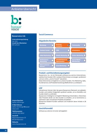 96
Anbieterübersicht
Online Marketing
Ansprechpartner
Stefan Feichtinger
E-Mail-Adresse
stefan.feichtinger@bazaar-
voice.com
Telefonnummer
+49 89 24218502
Anschrift
Maximilianstrasse 35
80539 München
Webseite
www.bazaarvoice.de
Produkt- und Dienstleistungsangebot
Bazaarvoice, Inc., ist ein führendes software-as-a-service Unternehmen,
welches ihren Kunden hilft, nutzbare Erkenntnisse zu erzeugen, syndizieren
und von online „word of mouth“ abzuleiten.
Diese Erkenntnisse ermöglichen es unseren Kunden, ihre Marketing, Sales,
Kundenservice und Produktentwicklungs Maßnahmen zu verbessern.
USP
Interaktionen können über das ganze Bazaarvoice Netzwerk von globalen
Kunden und mobilen Endgeräten syndiziert werden, um so Hersteller und
Kunden direkt zu verbinden.
Bazaarvoice Intelligence ermöglicht Marketing Entscheidern, Erkenntisse
über Produkte direkt von den Kunden zu erhalten, um so Sortimente zu
optimieren oder innovativere Produkte anzubieten.
Bazaarvoice bedient Kunden weltweit und moderiert deren Inhalte in 28
Sprachen.
Geschäftsmodell
Software-as-a-Service mit einer Jahresgebühr
Abgedeckte Bereiche
Social Commerce
Beratung
Business
Analytcis
Community
Contact Center CRM eCommerce
eMail Marketing Mobile Marketing
Performance
Marketing
SEO/SMO/Website
Optimisation
Social Media
Monitoring
Web Customer
Service
Viral Marketing
Bazaarvoice Ltd.
Unternehmensgründung:	
Mai 2005
Anzahl der Mitarbeiter: 	
800 weltweit
 