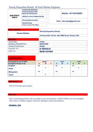 Sooraj Elayachan Kandy- B.Tech Marine Engineer
Leadership Qualities
Mobile: +971501029001
Communication skill
Quick & Fast learner
QUALITIES &
SKILLS
Ability to work Independently
Strong Determination
Email eksurajsrj@gmail.com
Hardworking
Well versed in MS Office
HOME ADDRESS
Sooraj Elayachan Kandy
Present Address
Al Khayal Bld, Flat No: 406, BMW Road, Sharjah UAE.
LANGUAGE SKILLS
Language/Level of Skill speak read write
E=excellent, W=well ,F= fair E W F E W F E W F
English xx xx xx
Hindi
x x x
Malayalam xx xx xx
Tamil x
REFERENCES
Will be furnished upon request.
REMARKS
I have a learning attitude and can adapt to any environment, which I believe are my strengths.
Also, I have excellent rapport with my colleagues and team members.
PERSONAL
Nationality Indian
Birthday[DD/MM/YY] 04/02/1992
Family (Civil) Status Single
Passport No K 9855615
CDC No MUM 227004
SOORAJ EK
 