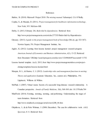 TEAM B COMPLETE PROJECT 132
References
Biafore, B. (2010). Microsoft Project 2010: The missing manual. Sebastopol, CA: O’Reilly.
Coplan, S., & Masuda, D. (2011). Project management for healthcare information technology.
New York, NY: McGraw-Hill.
Derby, E. (2013, February 28). Bedeviled by dependencies. Retrieved from
http://www.projectmanagement.com/articles/277355/Bedeviled-by-Dependencies
Glossary. (2013) A guide to the project management book of knowledge (5th ed., pp. 523-567).
Newton Square, PA: Project Management Institute, Inc.
Jugdev, K. (2012). Learning from lessons learned: project management research program.
American Journal of Economics and Business Administration, 4(1), 13-22. Retrieved
from Document URLhttp://search.proquest.com/docview/1324964649?accountid=11752
Lessons learned template. (n.d.). 2015, from http://www.projectmanagementdocs.com/project-
closing-templates/lessons-learned.html
Marquis, B. L., & Huston, C. J. (2012). Leadership roles and management functions in nursing:
Theory and application (Laureate Education, Inc., custom ed.). Philadelphia, PA:
Lippincott, Williams & Wilkins.
McPhail, J. (2007). Virtual teams: Secrets of a successful long-distance research relationship. A
Canadian perspective. Annals of Family Medicine, 5(6), 568-569. doi: 10.1370/afm.784
MindTools (2014). Forming, storming, norming, and performing: Understanding the stages of
team formation. Retrieved from
http://www.mindtools.com/pages/article/newLDR_86.htm
Olejnikova, L. & de Perio Wittman, J. (2008, December). The case for collaborative tools. AALL
Spectrum, 8-11. Retrieved from
 