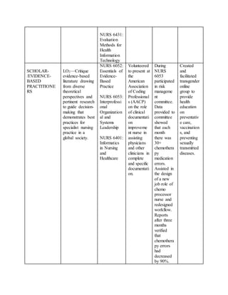 NURS 6431:
Evaluation
Methods for
Health
Information
Technology
SCHOLAR-
/EVIDENCE-
BASED
PRACTITIONE
RS
LO2—Critique
evidence-based
literature drawing
from diverse
theoretical
perspectives and
pertinent research
to guide decision-
making that
demonstrates best
practices for
specialist nursing
practice in a
global society.
NURS 6052:
Essentials of
Evidence-
Based
Practice
NURS 6053:
Interprofessi
onal
Organization
al and
Systems
Leadership
NURS 6401:
Informatics
in Nursing
and
Healthcare
Volunteered
to present at
the
American
Association
of Coding
Professional
s (AACP)
on the role
of clinical
documentati
on
improveme
nt nurse in
assisting
physicians
and other
clinicians in
complete
and specific
documentati
on.
During
NURS
6053
participated
in risk
manageme
nt
committee.
Data
provided to
committee
showed
that each
month
there was
30+
chemothera
py
medication
errors.
Assisted in
the design
of a new
job role of
chemo
processor
nurse and
redesigned
workflow.
Reports
after three
months
verified
that
chemothera
py errors
had
decreased
by 90%.
Created
and
facilitated
transgender
online
group to
provide
health
education
on
preventativ
e care,
vaccination
s, and
preventing
sexually
transmitted
diseases.
 