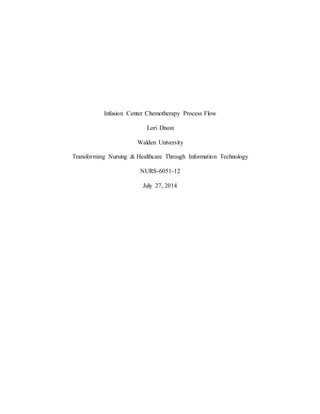 Infusion Center Chemotherapy Process Flow
Lori Dixon
Walden University
Transforming Nursing & Healthcare Through Information Technology
NURS-6051-12
July 27, 2014
 