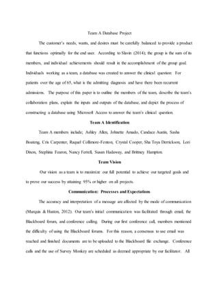 Team A Database Project
The customer’s needs, wants, and desires must be carefully balanced to provide a product
that functions optimally for the end user. According to Slavin (2014); the group is the sum of its
members, and individual achievements should result in the accomplishment of the group goal.
Individuals working as a team, a database was created to answer the clinical question: For
patients over the age of 65, what is the admitting diagnosis and have there been recurrent
admissions. The purpose of this paper is to outline the members of the team, describe the team’s
collaboration plans, explain the inputs and outputs of the database, and depict the process of
constructing a database using Microsoft Access to answer the team’s clinical question.
Team A Identification
Team A members include; Ashley Allen, Johnette Amado, Candace Austin, Sasha
Boateng, Cris Carpenter, Raquel Collimore-Fenton, Crystal Cooper, Sha Toya Derrickson, Lori
Dixon, Stephina Fearon, Nancy Ferrell, Susan Hadaway, and Brittney Hampton.
Team Vision
Our vision as a team is to maximize our full potential to achieve our targeted goals and
to prove our success by attaining 95% or higher on all projects.
Communication: Processes and Expectations
The accuracy and interpretation of a message are affected by the mode of communication
(Marquis & Huston, 2012). Our team’s initial communication was facilitated through email, the
Blackboard forum, and conference calling. During our first conference call, members mentioned
the difficulty of using the Blackboard forums. For this reason, a consensus to use email was
reached and finished documents are to be uploaded to the Blackboard file exchange. Conference
calls and the use of Survey Monkey are scheduled as deemed appropriate by our facilitator. All
 