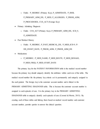o Fields: P_MEDREC (Primary Key), P_ADMITDATE, P_DOB,
P_PRIMARY_ADM_DX, P_MED, P_ALLERGIES, P_PRIOR_ADM,
P_PROCEDURES, CUS_ACT (Foreign Key)
 Primary Admitting Diagnosis
o Fields: CUS_ACT (Primary Key), P_PRIMARY_ADM_DX, ICD_9,
P_ADMITDATE
 Past Medical History
o Fields: P_MEDREC, P_PAST_MEDICAL_DX, P_MED_ICD-9, P-
DX_ONSET_DATE, P_PRIOR_ADM, P_PRIOR_ADM_DX
 Medications
o P_MEDREC, P_MED_NAME, P_MED_ROUTE, P_MED_DOSAGE,
P_MED_FREQ, P_MED_START_DATE
The primary key for the PATIENT INFORMATION table is the medical record number
because the primary key should uniquely identify the attributes within each row of the table. The
medical record number fits the primary key criteria as it is permanently and uniquely assigned to
the each patient. The foreign key is the customer account number and is linked to the
PRIMARY ADMITTING DIAGNOSIS table. This is because the customer account number is
assigned to each episode of care. It is the primary key in the PRIMARY ADMITTING
DIAGNOSIS table to uniquely identify each episode of care (Coronel & Morris, 2015). By
creating each of these tables and linking them based on medical record number and customer
account number, permits queries to answer the clinical question.
 
