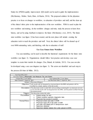 Study-Act (PSDA) quality improvement (QI) model can be used to guide the implementation
(McAlearney, Hefner, Sieck, Rizer, & Huerta, 2014). The proposed solution for the physician
practice is to focus on changes to workflow, re-education of providers and staff, and the clean up
of the clinical inbox prior to the implementation of the new workflow. PDSA is used to plan the
new workflow and training, do the workflow changes and train, study the process to learn from
history, and act by using feedback to improve the future (McAlearney et al., 2015). The future
state workflow (see figure 2) has been created, and the next phase will include creating the
education tools to teach the providers and staff. Next, the clinical inbox will be cleaned up of
over 8000 outstanding tasks, and finishing with the re-education of staff.
Use Case Future-State Workflow
Use case modeling can be used to describe the functional requirements for the future state
workflow (see figure 2). Organizations should follow best practice and develop a use case
template to create their models for changes (Tao, Briand, & Labiche, 2013). Use case can also
be developed using a use case diagram (see figure 3). The actors are identified and each step in
the process (El-Attar & Miller, 2012).
Use Case ID: UC1
Use Case Name: Meaningful Use Measure Ten and Seven
Created By: Lori Dixon Last Updated By: Lori Dixon
Date Created: April 26, 2015 Last Revision Date: April 26, 2015
Actors: Physician (Primary)
Objectives: Lab results will be integrated as structure data in the EHR and patients will be
notified in a timely manner of the lab results
Description: The physician needs to order labs and according to meaningful use measures ten and
seven,the lab results will be integrated into the EHR, and the patient notified through
the patient portal.
Triggers: The physician creates lab order.
Precondition:  Patient arrives for visit
 Patient condition warrants diagnostic labs
 Physician has access to system
Normal Flows: 1. Physician enters lab order in EHR
2. Physician signs off on lab order in EHR
3. Lab order and labels print in venipuncture room
4. Specimen obtained
5. Specimen labeled (labels from order placed in EHR)
 