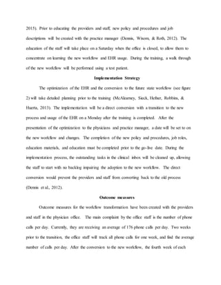 2015). Prior to educating the providers and staff, new policy and procedures and job
descriptions will be created with the practice manager (Dennis, Wixom, & Roth, 2012). The
education of the staff will take place on a Saturday when the office is closed, to allow them to
concentrate on learning the new workflow and EHR usage. During the training, a walk through
of the new workflow will be performed using a test patient.
Implementation Strategy
The optimization of the EHR and the conversion to the future state workflow (see figure
2) will take detailed planning prior to the training (McAlearney, Sieck, Hefner, Robbins, &
Huerta, 2013). The implementation will be a direct conversion with a transition to the new
process and usage of the EHR on a Monday after the training is completed. After the
presentation of the optimization to the physicians and practice manager, a date will be set to on
the new workflow and changes. The completion of the new policy and procedures, job roles,
education materials, and education must be completed prior to the go-live date. During the
implementation process, the outstanding tasks in the clinical inbox will be cleaned up, allowing
the staff to start with no backlog impairing the adoption to the new workflow. The direct
conversion would prevent the providers and staff from converting back to the old process
(Dennis et al., 2012).
Outcome measures
Outcome measures for the workflow transformation have been created with the providers
and staff in the physician office. The main complaint by the office staff is the number of phone
calls per day. Currently, they are receiving an average of 176 phone calls per day. Two weeks
prior to the transition, the office staff will track all phone calls for one week, and find the average
number of calls per day. After the conversion to the new workflow, the fourth week of each
 