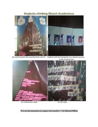 Students climbing Mount Academicus
We need to protect the mountain from rains  Students with their backpacks on a rigorous journey
to the mountain top
The mathematics slope The RC slope
 