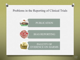 Problems in the Reporting of Clinical Trials
PUBLICATION
BIAS REPORTING
PAUCITY OF
EVIDENCE ON HARMS
12
 