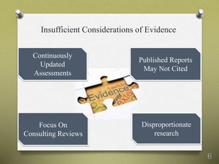 Insufficient Considerations of Evidence
Continuously
Updated
Assessments
Published Reports
May Not Cited
Focus On
Consulting Reviews
Disproportionate
research
6
 