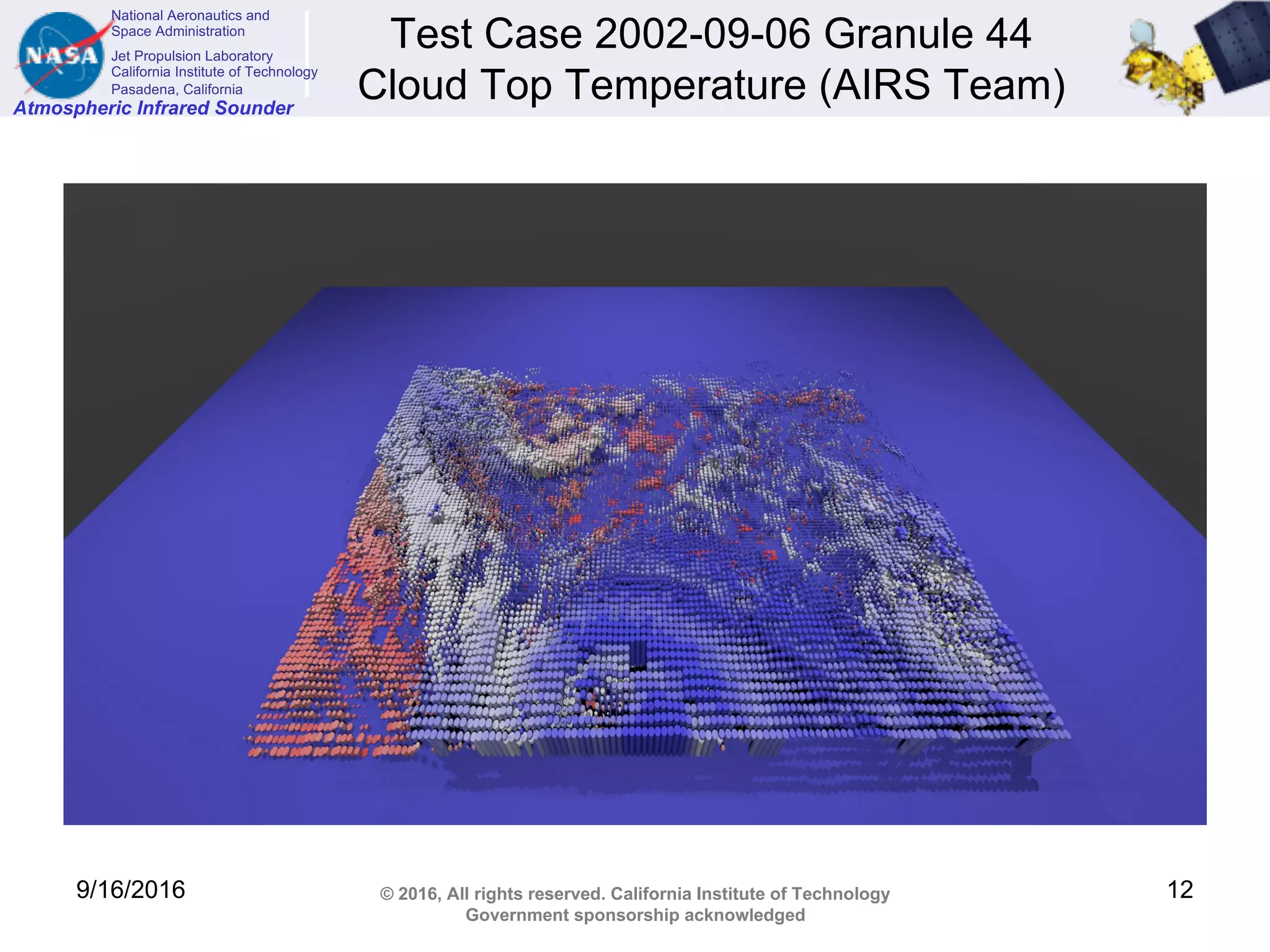 National Aeronautics and
Space Administration
Jet Propulsion Laboratory
California Institute of Technology
Pasadena, California
Atmospheric Infrared Sounder
© 2016, All rights reserved. California Institute of Technology
Government sponsorship acknowledged
Test Case 2002-09-06 Granule 44
Cloud Top Temperature (AIRS Team)
9/16/2016 12
 