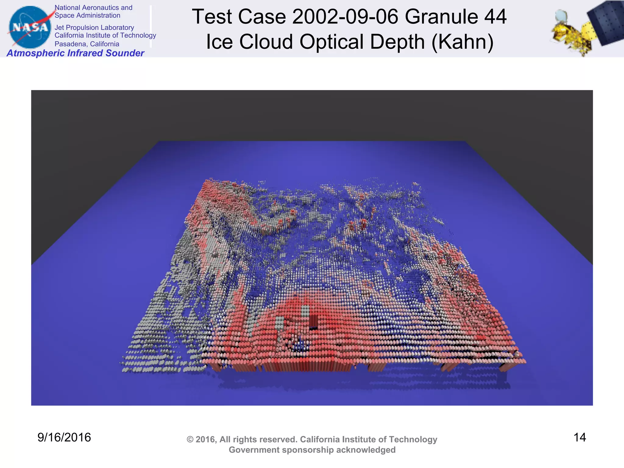 National Aeronautics and
Space Administration
Jet Propulsion Laboratory
California Institute of Technology
Pasadena, California
Atmospheric Infrared Sounder
© 2016, All rights reserved. California Institute of Technology
Government sponsorship acknowledged
Test Case 2002-09-06 Granule 44
Ice Cloud Optical Depth (Kahn)
9/16/2016 14
 