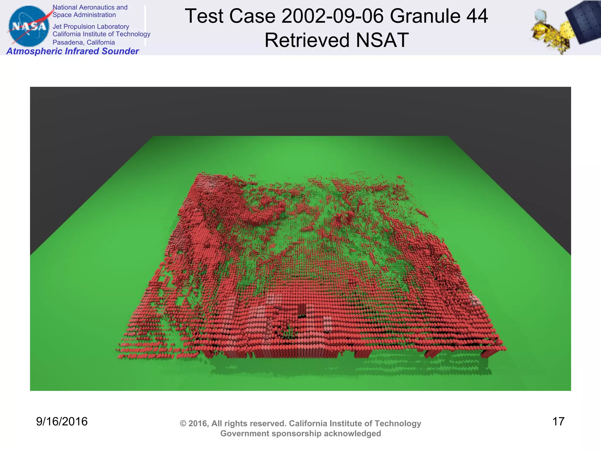 National Aeronautics and
Space Administration
Jet Propulsion Laboratory
California Institute of Technology
Pasadena, California
Atmospheric Infrared Sounder
© 2016, All rights reserved. California Institute of Technology
Government sponsorship acknowledged
Test Case 2002-09-06 Granule 44
Retrieved NSAT
9/16/2016 17
 