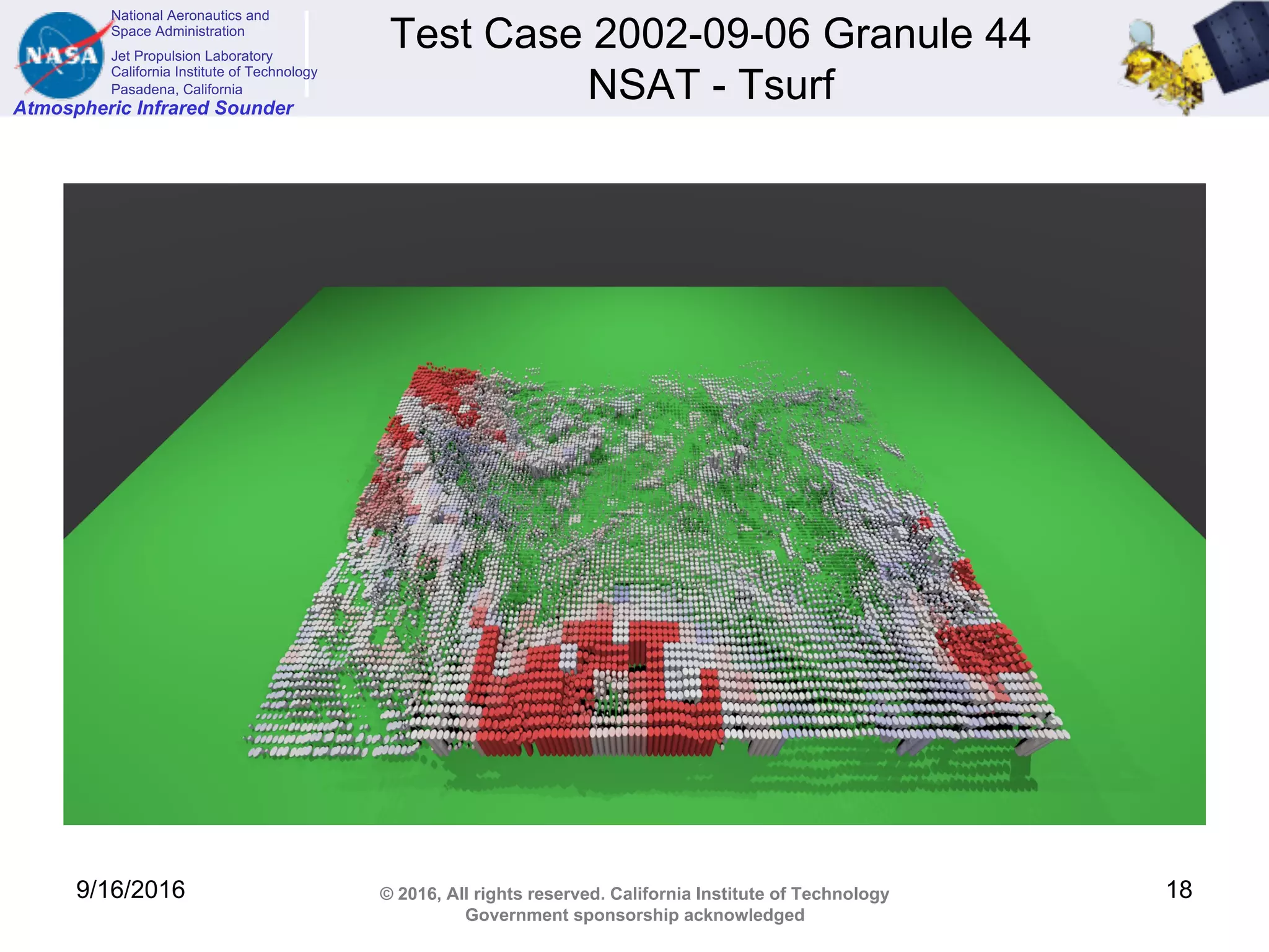 National Aeronautics and
Space Administration
Jet Propulsion Laboratory
California Institute of Technology
Pasadena, California
Atmospheric Infrared Sounder
© 2016, All rights reserved. California Institute of Technology
Government sponsorship acknowledged
Test Case 2002-09-06 Granule 44
NSAT - Tsurf
9/16/2016 18
 