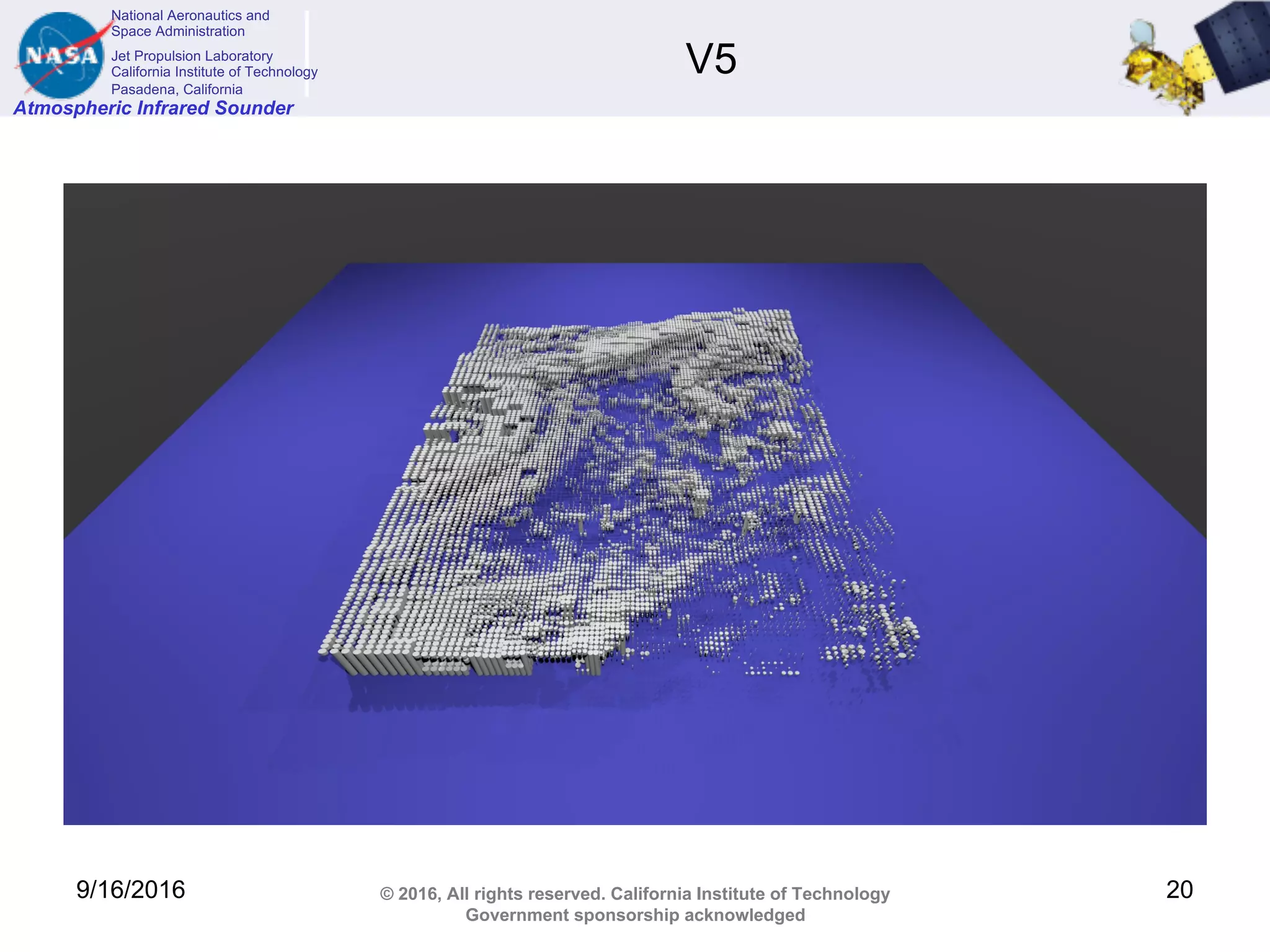 National Aeronautics and
Space Administration
Jet Propulsion Laboratory
California Institute of Technology
Pasadena, California
Atmospheric Infrared Sounder
© 2016, All rights reserved. California Institute of Technology
Government sponsorship acknowledged
V5
9/16/2016 20
 