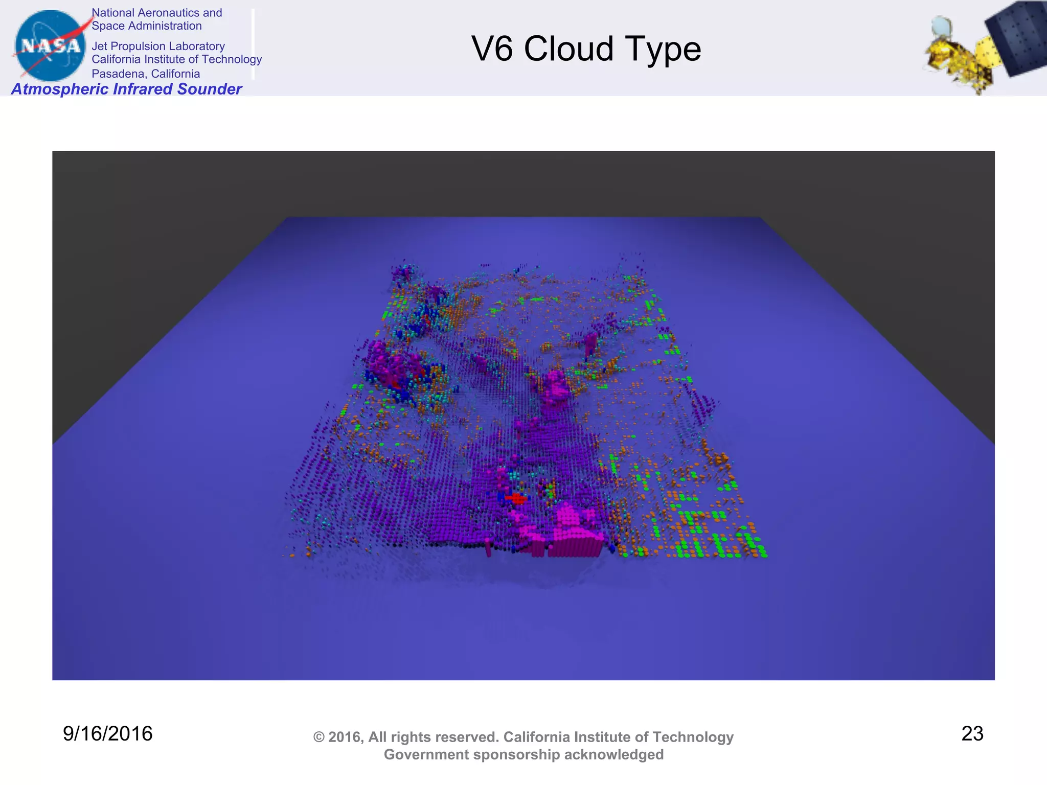 National Aeronautics and
Space Administration
Jet Propulsion Laboratory
California Institute of Technology
Pasadena, California
Atmospheric Infrared Sounder
© 2016, All rights reserved. California Institute of Technology
Government sponsorship acknowledged
V6 Cloud Type
9/16/2016 23
 