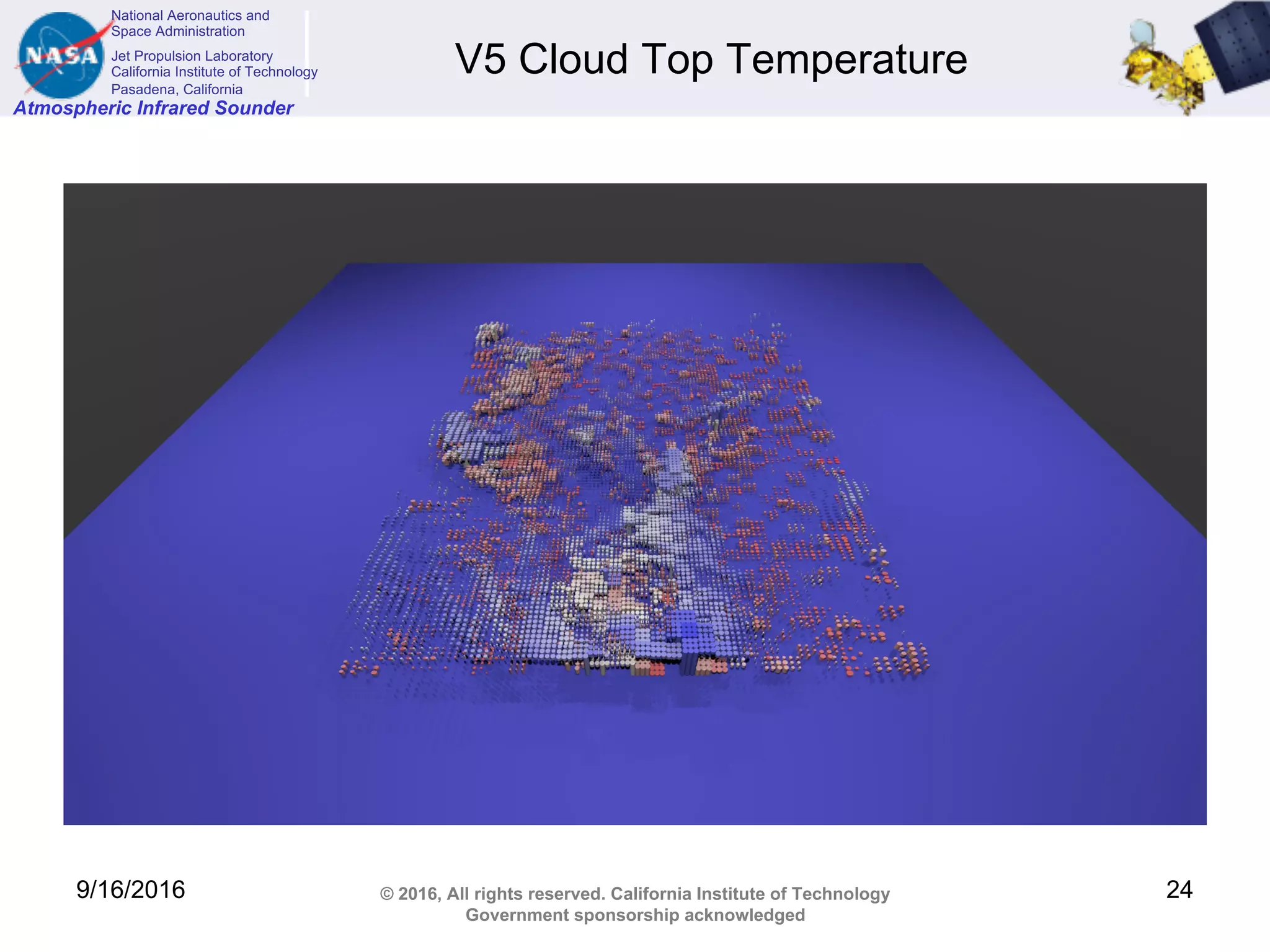 National Aeronautics and
Space Administration
Jet Propulsion Laboratory
California Institute of Technology
Pasadena, California
Atmospheric Infrared Sounder
© 2016, All rights reserved. California Institute of Technology
Government sponsorship acknowledged
V5 Cloud Top Temperature
9/16/2016 24
 