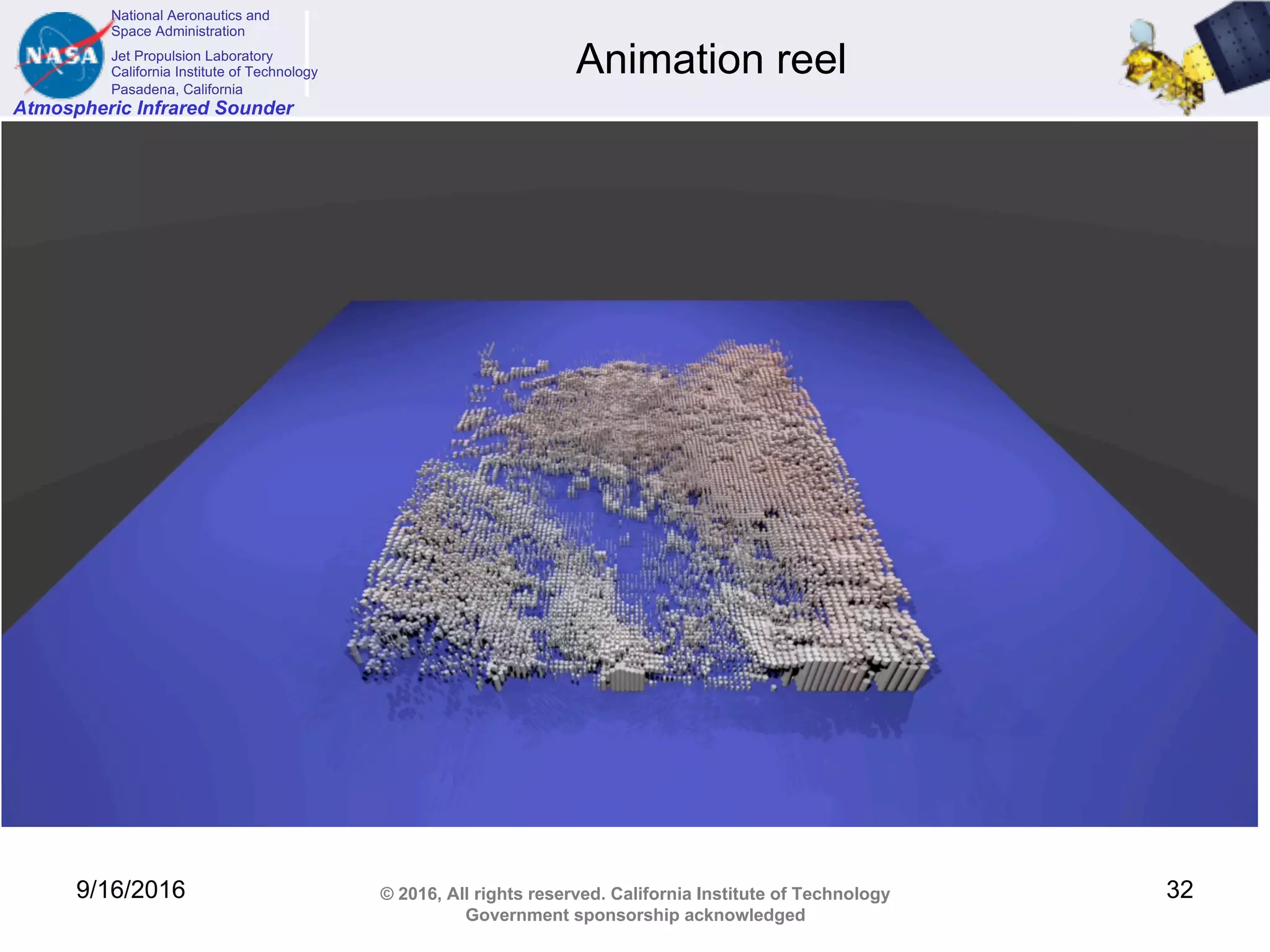 National Aeronautics and
Space Administration
Jet Propulsion Laboratory
California Institute of Technology
Pasadena, California
Atmospheric Infrared Sounder
© 2016, All rights reserved. California Institute of Technology
Government sponsorship acknowledged
Animation reel
9/16/2016 32
 
