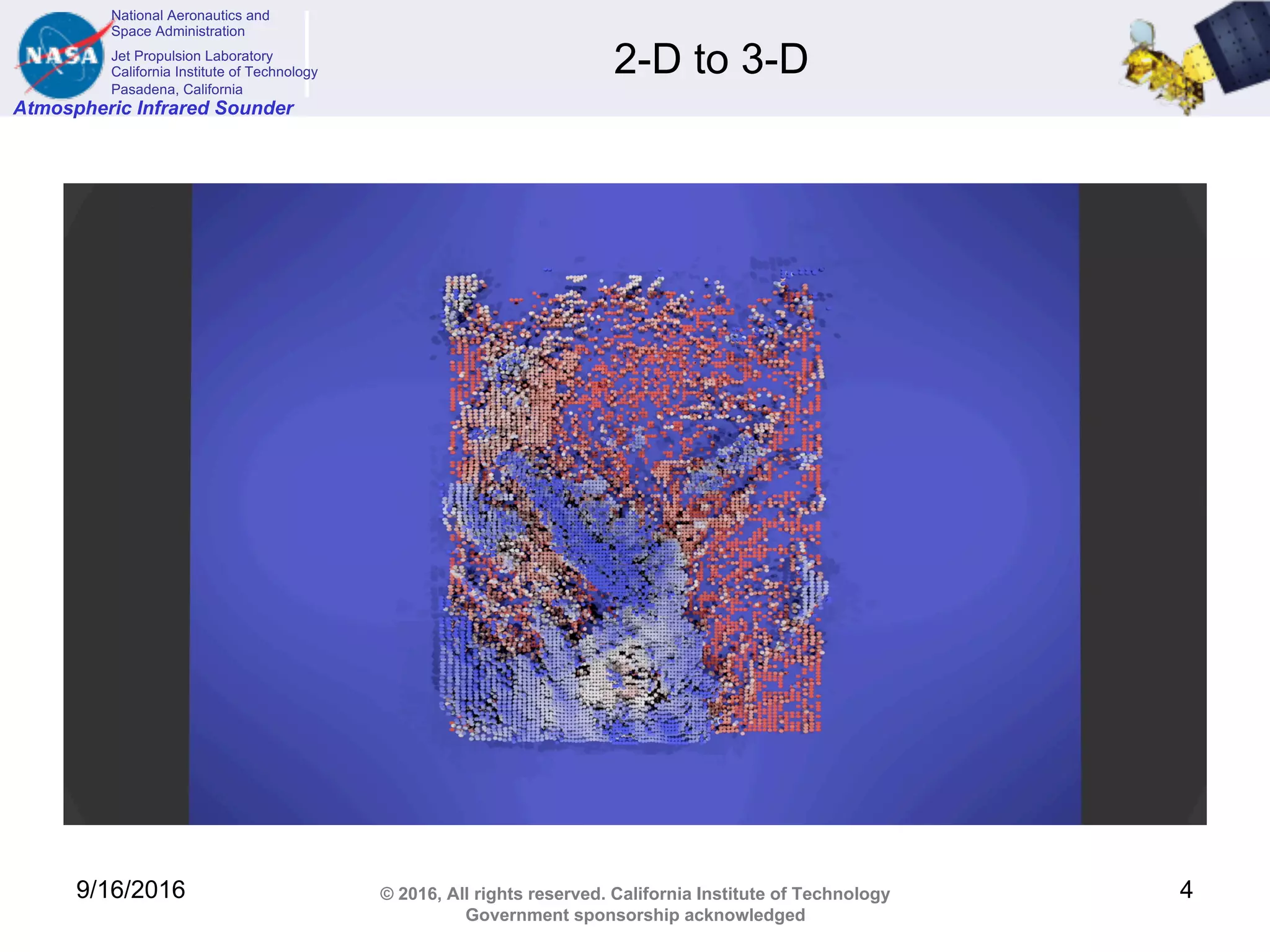 National Aeronautics and
Space Administration
Jet Propulsion Laboratory
California Institute of Technology
Pasadena, California
Atmospheric Infrared Sounder
© 2016, All rights reserved. California Institute of Technology
Government sponsorship acknowledged
2-D to 3-D
9/16/2016 4
 